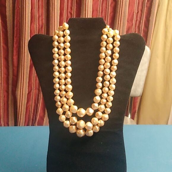 Vintage Hong Kong Three Strand Graduated Glossy Golden Colored Beaded Necklace - Picture 1 of 6